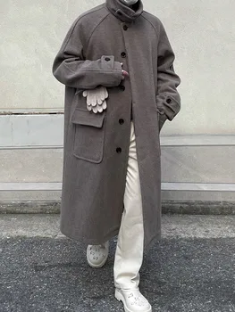 SYUHGFA Korėjietiškas atlapas Vilnonis švarkas Vyriški drabužiai Laisvas vidutinio ilgio paltas 2024 Rudens storėjimas Tranšėja Šiltos striukės Viršūnės