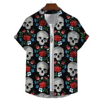 Naujieji Havajų vyriški marškiniai 3d kaukolės atspaudas Aukštos kokybės vyriški drabužiai Paplūdimio vakarėlis trumpomis rankovėmis Viršutiniai marškinėliai