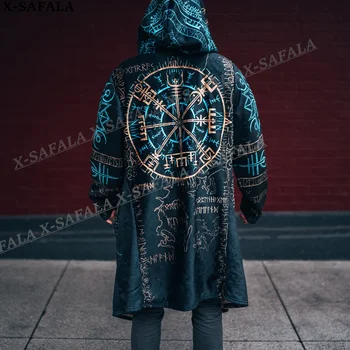 Psychedelische Viking Mandala Print Storas šiltas apsiaustas su gobtuvu Vyriškas paltas Paltas Neperpučiamas vilnos kyšulio chalatas su gobtuvu-2