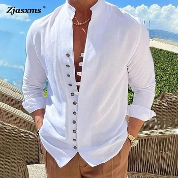 Vintage Men Cotton Hemp Casual Loose Long-Sleeveed Shirt Fashion Stand Collar Button Cardigan Office Tops Mens Solid Color Palaidinė