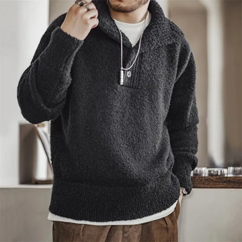 Maden Retro Polo megztinis Sunkios kilpos verpalai Vyriškas juodas šiltas storas džemperis 2023 m. rudens žiemos prekės ženklo dizaineris Oversize Pullover