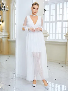 Vestido Blanco Boda Playa Sexy V Neck Nėrinių tiulio nuotakos suknelė Paprasta balta suknelė civilinių vestuvių sužadėtuvių chalatams 2023