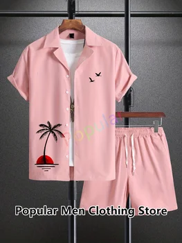 2023 Vyriški rinkiniai Kokosų medžio atspaudas Trumpomis rankovėmis laisvalaikio marškiniai Paplūdimio šortai Oversized vasaros gatvės drabužiai Atostogos Havajų kostiumai