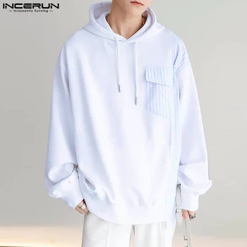 INCERUN Tops 2023 Korėjietiško stiliaus gražus vyriškas pleistras dryžuotas džemperis su gobtuvu Laisvalaikio gatvės drabužiai Visų rungtynių sutraukiami megztiniai S-5XL