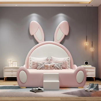 Individualizuota triušio vaikų lova mergaitės princesė su apsauginiais turėklais Animacinis filmas paprasta odinė lova