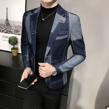 Brand Fashion Patchwork Geometrinis atspaudas Vyriški Blazer Vintage Blazer Hombre Casual Suit Vyriškas švarkas Rudens pledas Vyriškas Stilingas švarkas