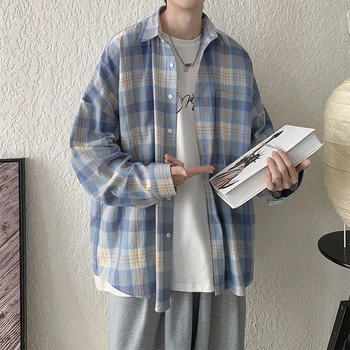 Medvilniniai korėjietiško stiliaus plediniai marškiniai trumpomis rankovėmis Vintažinės vyriškos oversized palaidinės 2023 m. rudens mada Japonų Harajuku socialinis kardiganas
