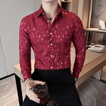 Britų stilius Geometriškai atspausdinti vyriški marškiniai ilgomis rankovėmis Laisvalaikio verslo oficialios suknelės marškiniai Socialinė gatvės apranga Vyriški drabužiai 2023
