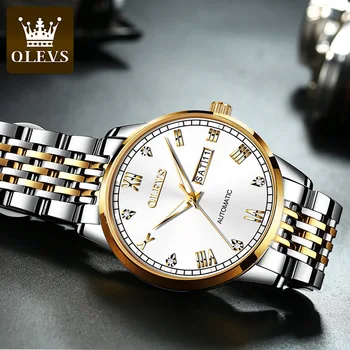 OLEVS 6602 Fashion Automatic Mechanical Luxury Vyriškų rankinių laikrodžių kalendorius Vandeniui atsparūs nerūdijančio plieno laikrodžiai vyrams Šviečiantys