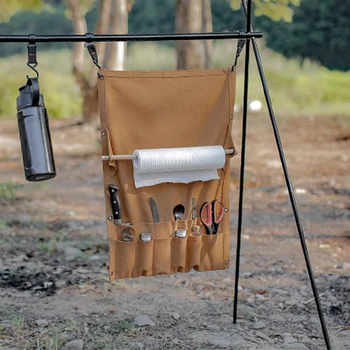 Camping Nešiojamas rankšluosčių laikymo stovas Stalo reikmenų laikymo krepšys Kelių kišenių drobė Lauko žygio stalo įrankių pakabinimo laikiklis