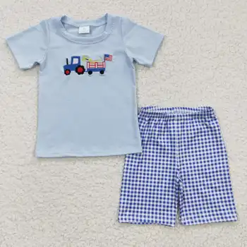 2023 Naujo dizaino RTS traktorius Vaikų siuvinėjimo drabužiai Vaikiškas pledas Liepos 4 d. komplektai Baby Boys Blue Apranga