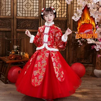 2 vnt Mergaitė Hanfu suknelė žiemai Naujųjų metų drabužiai Tang kostiumas Kinų stilius plius aksomo puokštė Raudonojo rašto siuvinėjimo suknelės