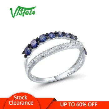 VISTOSO Originalus 14K 585 balto aukso žiedas moterims Putojantis mėlynas safyro deimantinis žiedas Paprasto stiliaus elegantiški madingi dailūs papuošalai