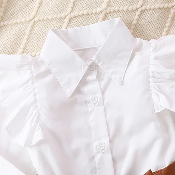 Kids Girl Fall Apranga Vienspalvė apverčiama apykakle marškiniai ilgomis rankovėmis Viršus ir PU odiniai šortai su diržu 2Vnt drabužių komplektas