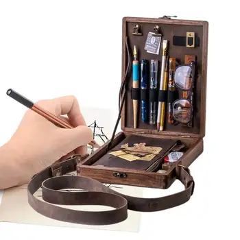 Mediniai rašytojai Messenger medinė dėžutė Meno kūrimas Satchel rašymo bloknotas Retro krepšys per petį Rankinė A5 kūrybinis lauko portfelis