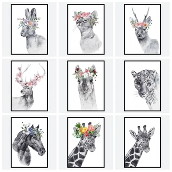 Vaikų darželis Spausdinti Katė su gėlėmis Drobė Paveikslai Elnių žirafos plakatai Gyvūnų sienų menas Paveikslėlis vaikams Miegamojo namų dekoravimas