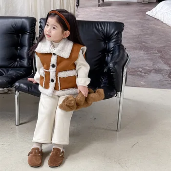 Vaikiška kailinė liemenė 2023 ruduo ir žiema Naujos madingos merginos Korėjietiško stiliaus kašmyras Casual Simple Warm Kids Kardiganas