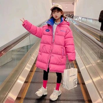 2023 Nauji žiemos vaikai sutirština medvilnės paminkštintas šiltas berniukas mergaitės vidutinio ilgio korėjietiškas užtrauktukas su gobtuvu pilnomis rankovėmis Spausdinti paltai