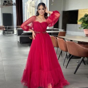 Bafftafe Fėja Raudona Tiulis Pūstomis rankovėmis Prom suknelės Aplikacijos Nėriniai Mielaširdingas Plistas Moterų vakarėlių chalatai Speciali vakarinė suknelė