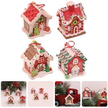 4vnt Miniatiūrinis Kalėdų kaimo namas Pastatas Xmas eglutė Kabantis pakabukas Navidad Naujųjų metų dekoravimo rankdarbių kolekcija