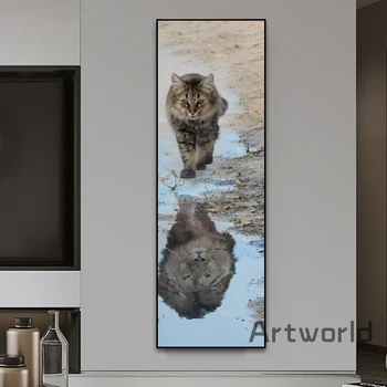 Katės atspindys Liūtas Gyvūnų tapyba Gamta Peizažas Drobė Tapyba Sienų menas Paveikslėlių drobė Spausdinimas namų dekorui