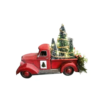 Kalėdinis raudonas sunkvežimio dekoras, sodybos dervos sunkvežimio sėjamoji Apšviestos dekoracijos Raudonas sunkvežimis su mini Kalėdų eglute
