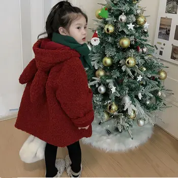 Mergaitės paltas Žiema Nauja mergaitė Korėjietiškas stilius Madingas pliušinis storas paltas su gobtuvu Raudonas paprastumas Patogūs drabužiai