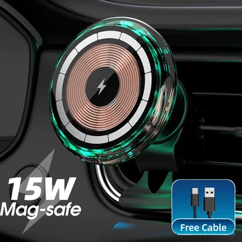15W automobilinis belaidis įkroviklis Magnetinis telefono laikiklis Greito įkrovimo oro išleidimo telefono laikiklis su šviesos diodu IPhone 14 13 12 Pro Max Samsung