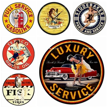 Pin Up Sytle Full Service Petrol Pin Up Girl Barbecue Party Parts And Service Texaco Motor Oil Round Metal Sign Home Decor