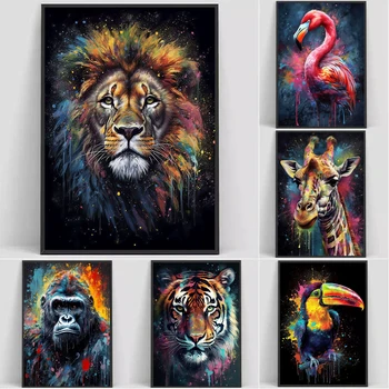 Akvarelės drobės tapyba svetainės dekorui, gyvūnų portreto plakatas, liūtas, tigras, beždžionė, žirafa, abstrakcija, grafiti siena