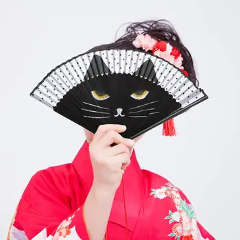 Animacinis katinas Japoniško stiliaus rankų ventiliatoriai Šilko lankstymo gerbėjai Kutų pakabukų vakarėlis Kinų šokių gerbėjų namų dekoravimo meno amatų dovana