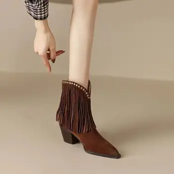 Lady Boots Žieminiai batai Moterims Prabangūs dizainerio Kniedės Batai-Moterys 2023 Kulkšnis Fashion Cowboy Pointy Med Aukštakulnių guma