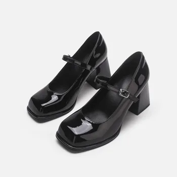 aukštakulniai bateliai moterims Nauji juodi maži odiniai batai Vasaros kvadratinis pirštas Storas kulnas Batas Moteriški juodi kulniukai Zapatos De Mujer