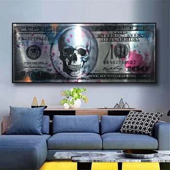 Dollar Skull Modern Art Canvas Plakatas ir atspaudai Kūrybiniai pinigai 100 dolerių paveikslų sienų dekoro tapyba Liviungo kambariui