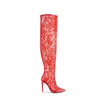 Moteriški nėriniuoti aulinukai PVC šlaunys aukšti batai plius dydis Stiletto aukštakulniai Mėlyna raudona Juoda nėrinių ilgi batai