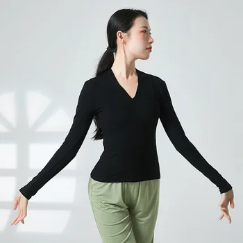 Adult Slim Fit V Neck Modern Belly Dance marškinėliai Elastic Yoga ilgomis rankovėmis Tee Top kostiumas moterims Šokantys drabužiai Apranga