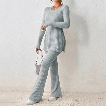 Casual Women V-Neck Side Plyšy Sweater Pantsuit Fashion Solid Two Piece Set for Lady Long Sleeve Top Wide Leg Pants Suit Female
