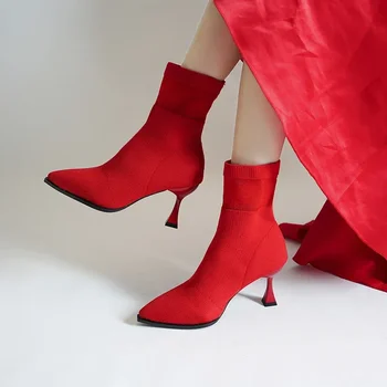 Batai moterims 2023 Rudens žiema Nauja mada Smailusis pirštas Moteriški kulkšnies batai Seksualus Stiletto aukštakulniai Raudoni vestuviniai nuotakos batai