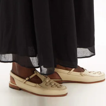 Moterys Plokščios basutės Vasariniai vintažiniai Austi megzti Uždari kojų batai moterims Minkšti patogūs žemakulniai basutės Laisvalaikio romėniški batai