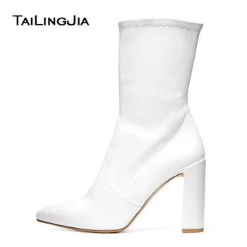 Women Chunky Heel White PU odiniai kojinių bateliai Black Stretch Mid Blauzd Boots for Lady Pointy Toe Female Spring Autumn Shoes 2021