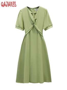 Summer Green Short Sleeve V-Neck Chic Midi Dress Women Elegant Casual Basics Dress 2023 Korean Bodycon Tinkama suknelė pagal pageidavimą