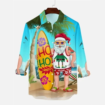 Juokinga Kalėdų tema Vyriški marškiniai Kalėdų senelio grafika Gatvės drabužiai ilgomis rankovėmis Palaidinė Unisex Holiday Party Havajų laisvalaikio marškiniai