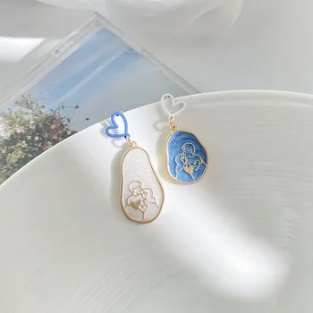 Nauji korėjiečių mados auskarai moterims Mėlyna spalva Tuščiavidurė širdies aliejinė tapyba Miela geometrinė asimetrinė papuošalų kūrybinė dovana