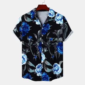 Vasariniai vyriški marškiniai Atostogos Mėlyna meilė Gėlių spauda Laisvalaikio trumpomis rankovėmis Mygtukas Aukštyn Juodi marškiniai vakarėliui
