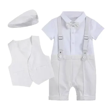 Baby Boy Bemptism Romper Krikštynų apranga Kostiumai 1-asis gimtadienis Balta suknelė Beretė+ Kombinezonas Berniukas Džentelmenas Drabužiai
