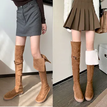 MKKHOU Fashion Over Knee Boots Moteriški nauji aukštos kokybės zomšos vilnos batai Apvalus pirštas Storas dugnas Tiesi statinė Šilti sniego batai