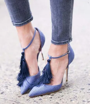 Vasarinis kutas T-dirželis Mėlynas džinsinis aukštakulnis Seksualus smailus pirštas siūlas Fringe džinsai Pumps Gladiatorių vakarėlio batai moteriai