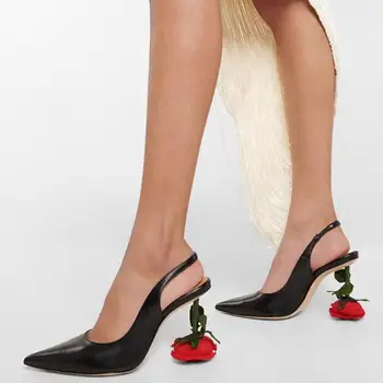 Naujas juodas natūralios odos smailus pirštas Negilus slydimas ant raudonos rožės gėlės 10 CM kulniukai Elastinė juosta Banketiniai sandalai Moteriški vakarėlių batai