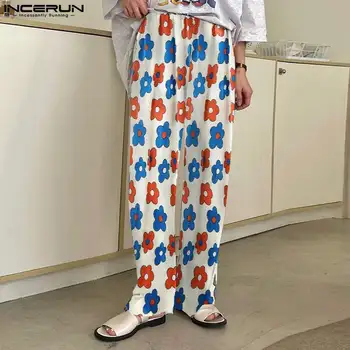 INCERUN 2023 Korėjietiško stiliaus naujos vyriškos kelnės Stilingos laisvos sutraukiamos raištis Suvarstomos ilgos kelnės Gatvės apranga Spausdinti ploni pantalonai S-5XL