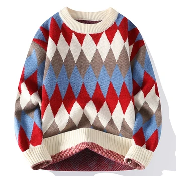 2023 Nauja žiemos mada Argyle kašmyro megztinis Vyrai laisvi gatvės drabužiai Aukštos klasės vyrų kalėdinis megztinis Storas šiltas vyriškas džemperis